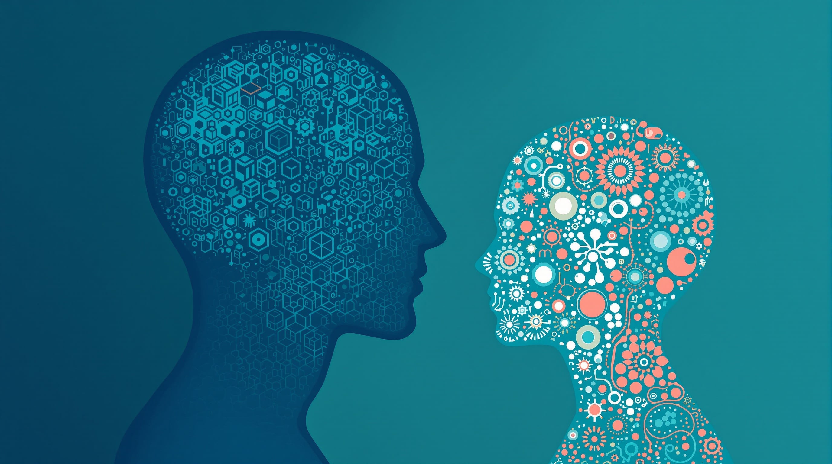 Abstract illustration contrasting adult and child silhouettes with fundamentally different internal patterns