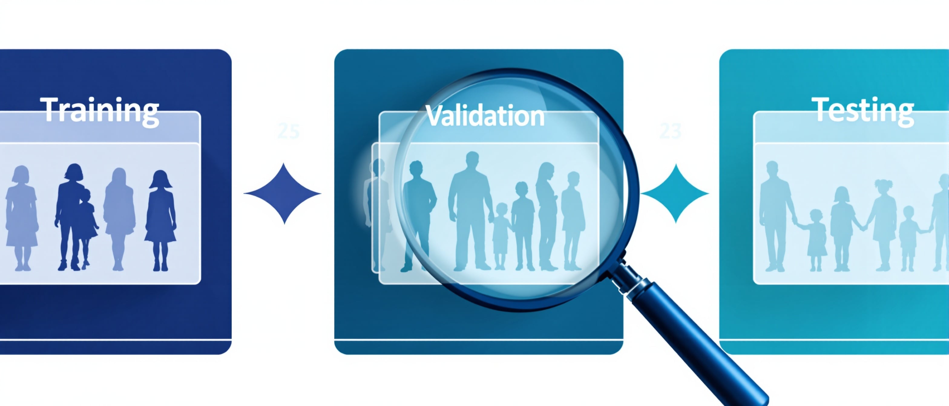 Abstract visualization of AI evaluation data pipeline with training, validation, and testing segments